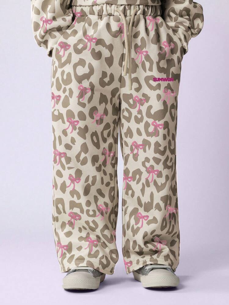 Leopard Print Hoodie And Jogger Set With Bow Details