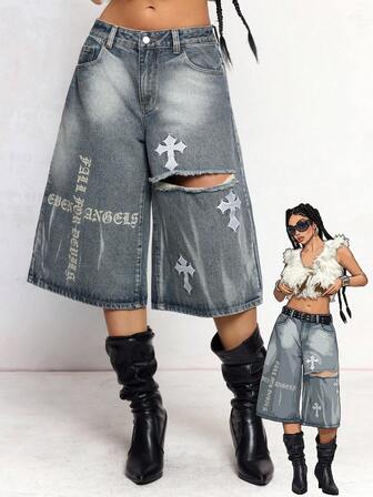 J-Fashion Y2K Punk Street Kreuz Stickerei & Buchstaben Muster Loose Taillengerade Caprihose