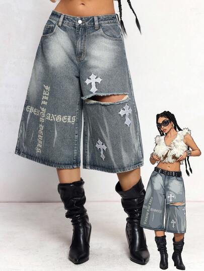 J-Fashion Jeans capri de talle bajo holgados con bordado de cruz y estampado de letras, estilo punk Y2K