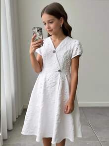 Firerie Kids 少女象牙色泡泡袖收腰休闲日常假日派对可爱甜美优雅连衣裙 - 白色 - 查看 6