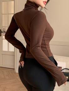DAZY Top à col roulé manches longues slim fit marron patchwork de couleur unie pour femmes, convient pour l'automne et le printemps - Tabac - Voir 4