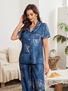 SHEIN Women's Leaf Pattern Lapel Pajama Set - Blue - View 3