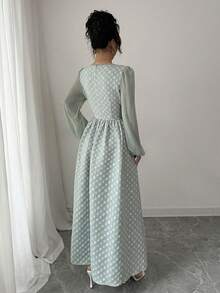 Modelyn 女士黑色提花拼接泡泡珠腰A字优雅连衣裙 - 灰綠 - 查看 2