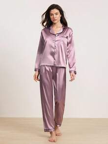 2 件套女士纯色缎面睡衣套装，长袖有领衬衫和长裤家居服，适合家居服、秋冬装、秋季服装 - 彩色 - 查看 8