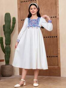SHEIN جلابياتjalabiya Tween Girls' Fashionable & Elegant Square Neck Short Sleeve Dress Kids Arabic Dress Girls Modest Dress - White - View 3