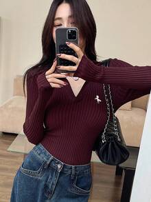 DAZY Áo len nữ dài tay dáng ôm, cổ bẻ, màu trơn, kiểu dáng thường ngày. - Màu Đỏ Sâu - Xem 8