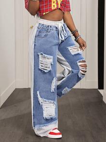 Slaydiva Women's Casual Everyday Commute Fashion Street Drawstring Waist Distressed Contrast Color 2 In 1 Loose Wide Leg Jeans - Blue - View 4