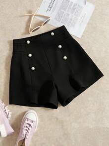 GlowEve CURVE 大码女士优雅纽扣装饰休闲短裤，适合通勤。 - 黑色 - 查看 1