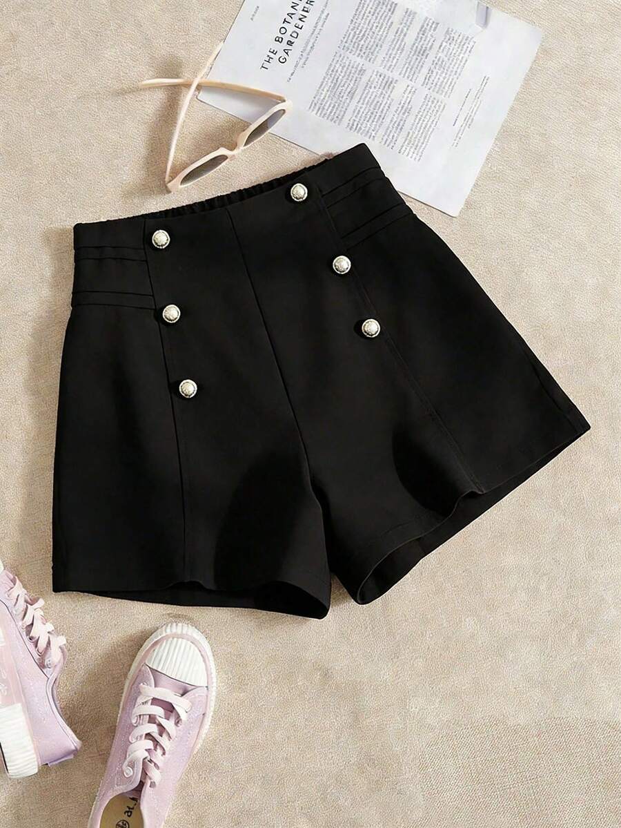 GlowEve CURVE 大码女士优雅纽扣装饰休闲短裤，适合通勤。 - 黑色 - 查看 1