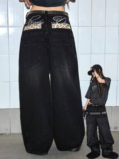 ROMWE Avant Jeans de pierna ancha de talle bajo con estampado de leopardo y bordado de letras con decoración de remaches para mujer