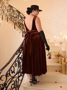 SHEIN MOD Plus Size Vintage Red Open Back Bow Tie A-Line Midi Dress, Wedding Dress, Date Dress, Valentine's Day Dress - Brown - View 7