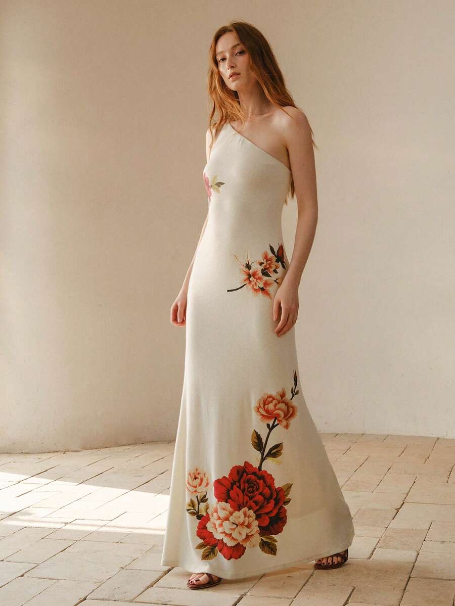 MOTF PREMIUM ELEGANT FLORAL PRINT ONE SHOULDER DRESS - Beige - View 1