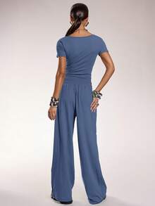 Normani 2pcs/Set Summer Casual Solid Color Short Sleeve T-Shirt And Pants - Blue - View 2
