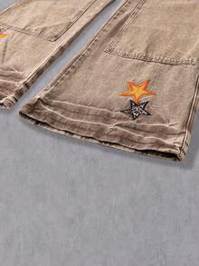 Manfinity EMRG Quần jeans ống rộng thêu dáng rộng, phong cách đường phố Mỹ - màu nâu - Xem 5