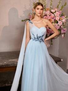 MOTF Soiréza Đầm dài nữ bằng vải lưới đính sequin và thêu hoa. - Màu xanh lam - Xem 6