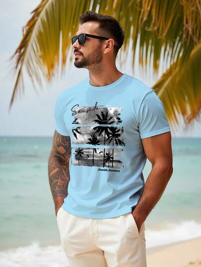 Manfinity RSRT Camiseta casual de cuello redondo de manga corta con estampado de palmeras para hombres