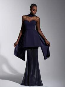 Elitara 优雅简约海军蓝弹力针织拼接网纱抹胸美人鱼伴娘礼服 - 藏蓝色 - 查看 6