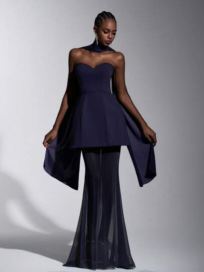 Elitara 优雅简约海军蓝弹力针织拼接网纱抹胸美人鱼伴娘礼服