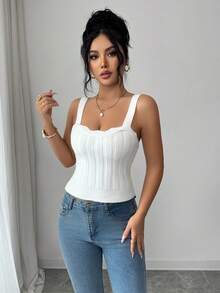 Elenzga Fashionable Frill Trim Women Knit Camisole Top - White - View 1