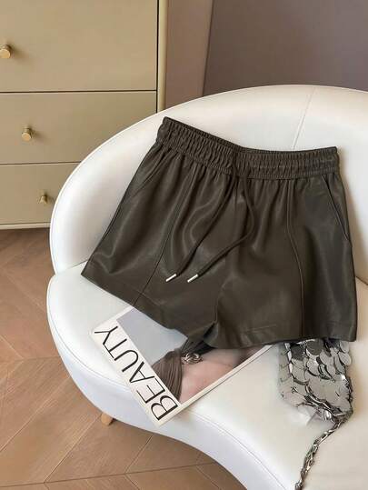 Franclia Women's Solid Color Drawstring Waist Pocket Loose Casual Shorts