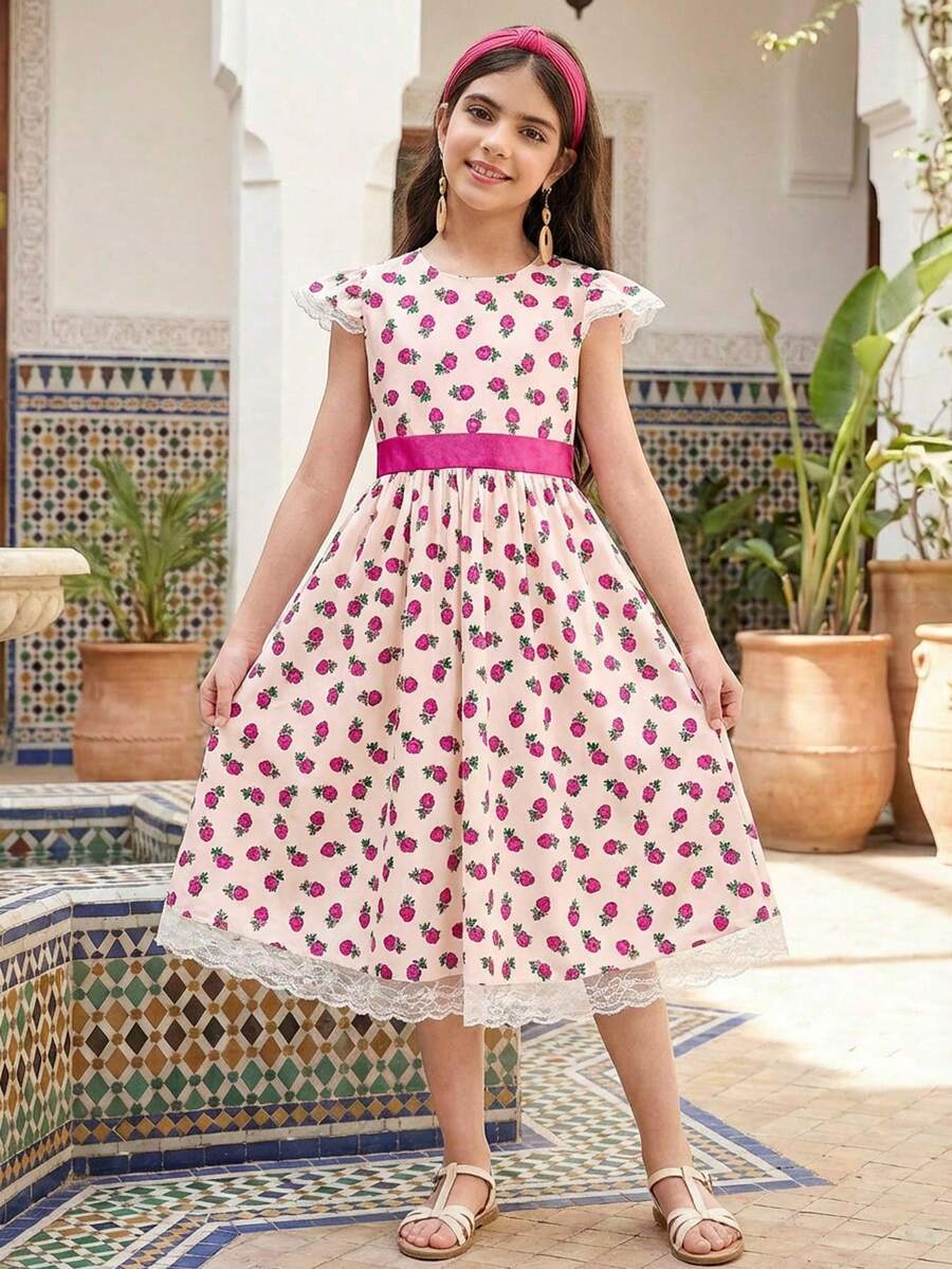 SHEIN Tween Girls Festival Matching Family Vacation Casual Style Short Sleeve Retro Print Abaya Robe, Middle Eastern Traditional Festival Outfit