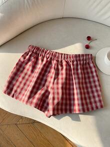 SHEIN EZwear Quần short ống rộng dệt kẻ caro đỏ dành cho nữ - Đỏ - Xem 2