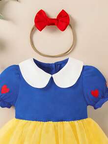 SHEIN Playful Pals Baby Girls' Collar Heart Print Short Sleeve Mesh Romper With Bow Headband, Fashionable & Cute Design - Blue - View 6