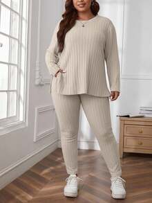 SHEIN Cottnline Plus Size Women Solid Color Crew Neck Ribbed Long Sleeve Top And Pants Casual Outfit - Beige - View 4