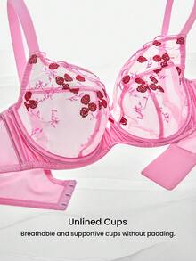 LUVLETTE Plus Valentine's Day Pink Rose Embroidered Elegance Lingerie Lounge Curve Full Coverage Breathable Sexy Unlined Pink Floral Lace Sheer Minimizer Mesh Bra GiftsBra - Pink - View 7