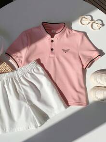 SHEIN 两件套男童舒适立领撞色休闲时尚日常百搭针织衫T恤和梭织短裤，适合春夏穿着，适合日常穿着、运动、郊游、上学、聚会、节日、演出和摄影。 - 淺粉色 - 查看 8