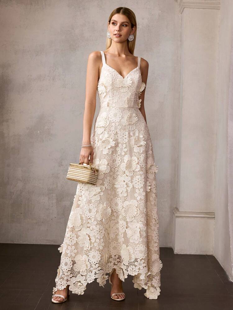 MOTF Soiréza VESTIDO FORMAL SIN MANGAS DE ENCAJE PARA MUJER CON PATRONES FLORALES 3D, ESCOTE EN V PROFUNDO, CINTURA CONTORNEADA Y VESTIDO DE LARGO HASTA EL PISO CON ACENTOS FLORALES EN EL BAJO - IDEAL PARA BODAS, CENAS DE GALA, CELEBRACIONES Y BAILES FORMALES