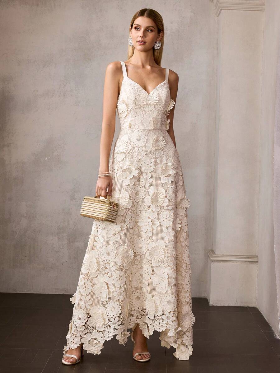 MOTF Soiréza VESTIDO FORMAL SIN MANGAS DE ENCAJE PARA MUJER CON PATRONES FLORALES 3D, ESCOTE EN V PROFUNDO, CINTURA CONTORNEADA Y VESTIDO DE LARGO HASTA EL PISO CON ACENTOS FLORALES EN EL BAJO - IDEAL PARA BODAS, CENAS DE GALA, CELEBRACIONES Y BAILES FORMALES