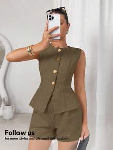 Lavishia 女士纯色金属单排扣背心和短裤休闲通勤两件套 - 棕色 - 查看 3