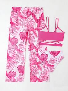 SHEIN 3 delar bikiniset med spaghettiband och byxor för sommarsemester och stranden för tjejer, nude - Multifärgad - Visa 2