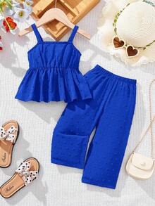 SHEIN LMoss Kids 女婴夏季可爱纯色吊带背心和松紧腰裤套装 - 藍色 - 查看 7