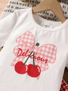 SHEIN LMoss Kids 2pcs/Set Young Girl Cherry Print Knit Top And Woven Plaid Skirt Outfit - Multicolor - View 4