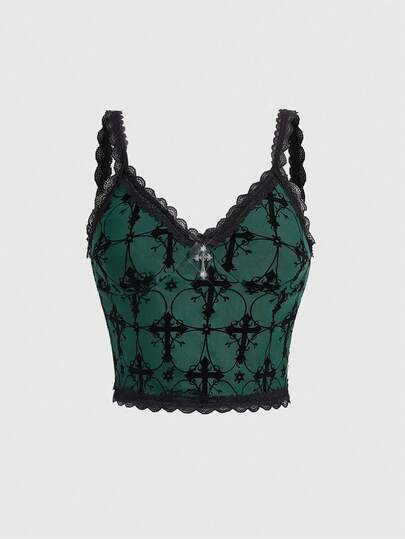 ROMWE Goth Summer Fashion Cross Flocked Mesh Lace Trim Camisole