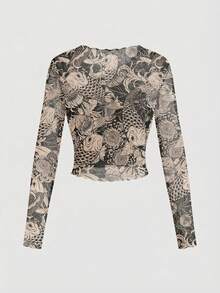 ROMWE Avant 性感透视网纱长袖上衣，饰有中国风金鱼、锦鲤和菊花图案 - 黑色 - 查看 2