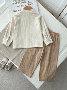 SHEIN Playful Pals Bộ 2 món áo sơ mi cổ bẻ tay dài và quần dài cho bé trai sơ sinh, chất liệu cotton pha linen, màu be, phong cách thường ngày mùa hè, đồ gia đình đồng bộ cho bé trai 6 tháng - 3 tuổi - Màu be - Xem 2
