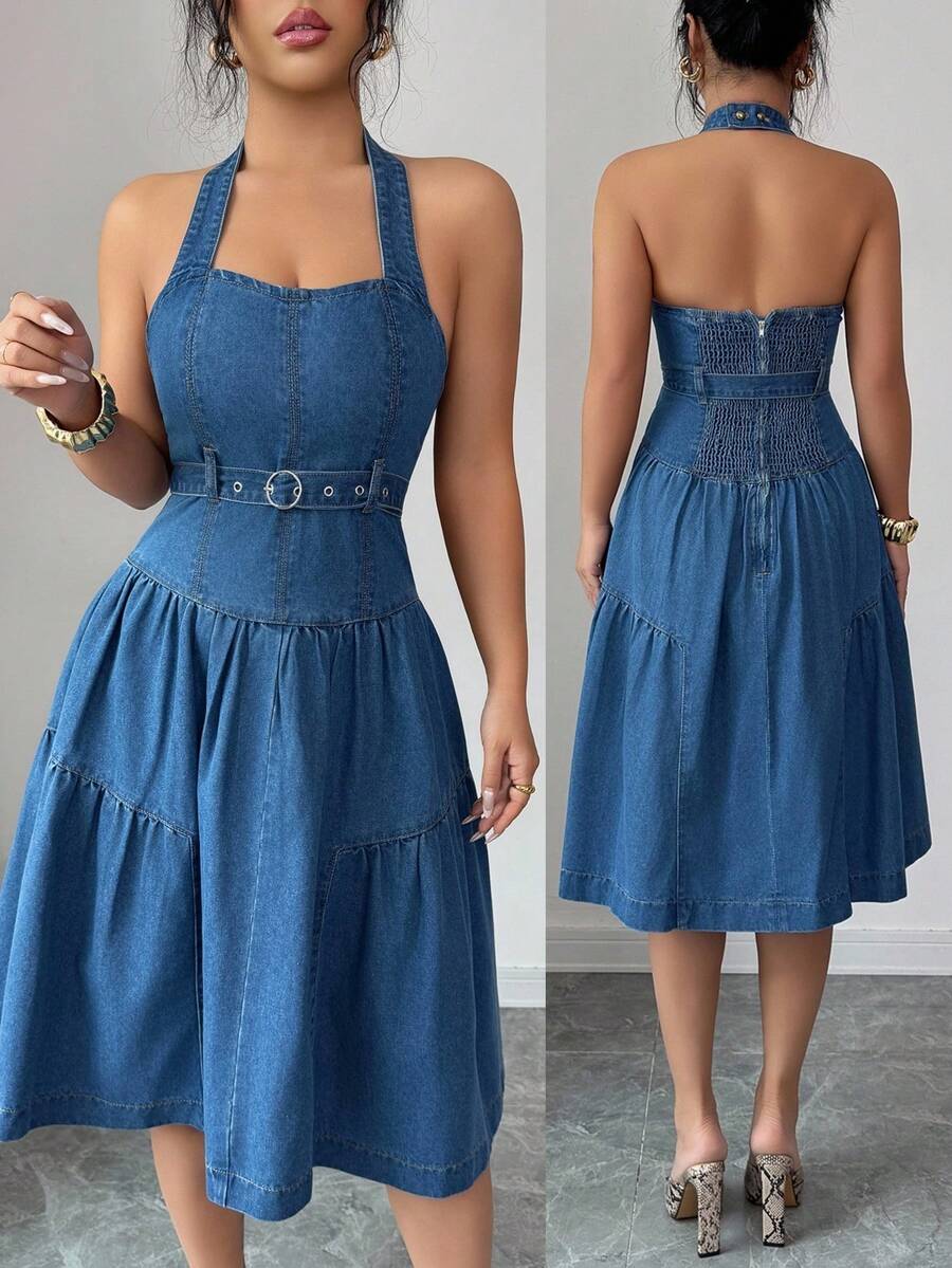 Elenzga Women's Halter Tie-Up Backless Denim Dress, Fashionable For Dates And Parties - Blue - View 1
