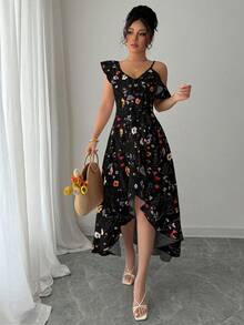 Elenzga Elegant Asymmetric Ruffle Floral Print Summer Dress - Black - View 6