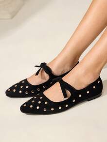 CUCCOO CHICEST Giày bệt mũi vuông thoải mái, màu trơn, họa tiết nơ mới, đa năng cho mùa xuân và mùa thu - màu đen - Xem 4