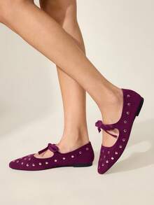 CUCCOO CHICEST 新款蝴蝶结装饰纯色休闲舒适方头平底鞋，适合春秋季穿着。 - 酒紅色 - 查看 4