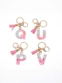 可爱闪亮粉色字母钥匙扣，大写字母箔树脂钥匙扣吊坠，带流苏吊坠，时尚钥匙扣，女士礼物，钱包和包包装饰，父亲节、母亲节、生日礼物、感恩节和圣诞节节日礼物 - 芭比粉 - 查看 3