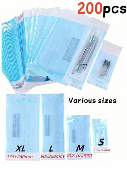 200个装，耐高温美甲工具消毒袋，多种尺寸自封消毒袋，一次性消毒收纳袋，适用于美甲工具、修脚工具、纹身工具、美甲用品、美甲工具、美甲艺术工具、返校季、美甲艺术、美甲贴片工具