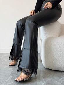 Elenzga 女士秋季时尚撞色蕾丝喇叭裤脚打底裤 - 黑色 - 查看 1