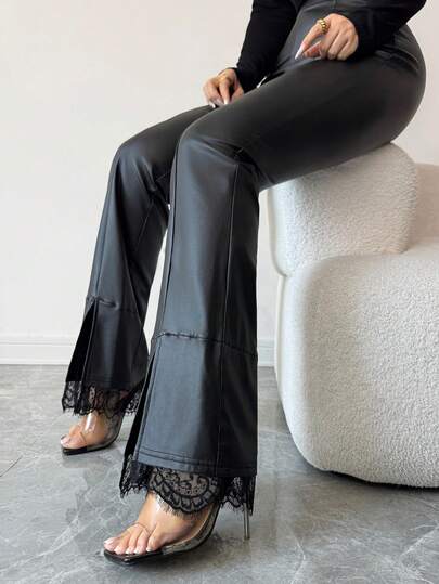 Elenzga Leggings de mujer con dobladillo acampanado y encaje de contraste para el otoño