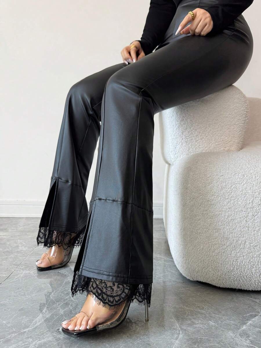 Elenzga 女士秋季时尚撞色蕾丝喇叭裤脚打底裤 - 黑色 - 查看 1