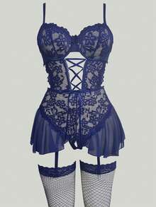 SHEIN 3pcs Set: Lace Patchwork Ruffle Hem Slit Bodystocking With Garter Belt + 2pcs Fishnet Stockings, Party Outfit - Royal Blue - View 5