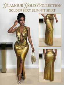 Xyvia Women's Metallic Textured Fabric Ruched Bodycon Skirt With Front Slit, Sexy And Elegant Design, Suitable For Birthday Gift, Date, Party, Music Festival, Singles' Day, Labor Day, Easter, Travel, Street Photography, Spring/Summer - Gold - View 1